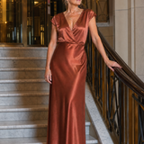 Robe Maxi à Encolure Croisée et Manches Courtes