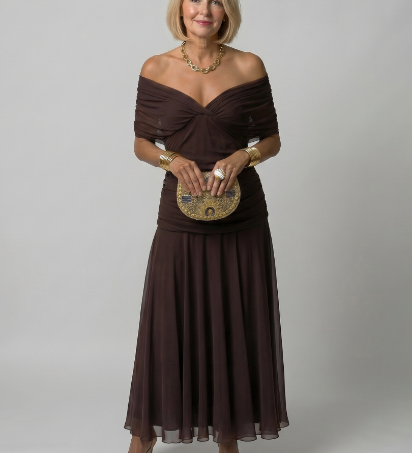 Robe Maxi Fluide à Épaules Dégagées