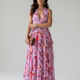 Robe Maxi Fleurie à Encolure Halter et Corsage Froncé