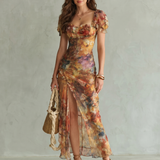 Robe Maxi Ruchée à Manches Volantes avec Fente