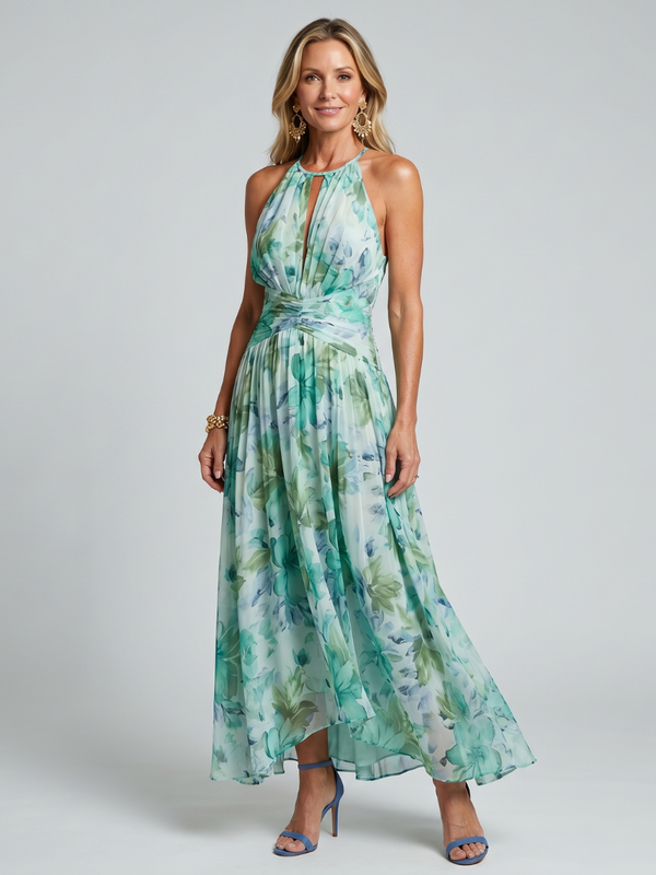 Robe Maxi à motifs floraux plissée et décolleté halter