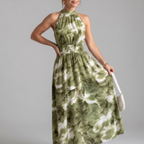 Robe Maxi Imprimée Abstraite à Taille Rassemblée