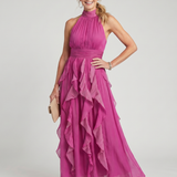 Robe Maxi à Col Montant et Volants Froncés