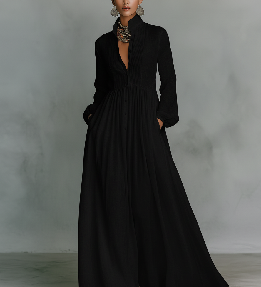 Patchwork | Robe Maxi en Lin à Col Montant