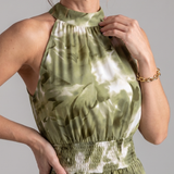 Robe Maxi Imprimée Abstraite à Taille Rassemblée
