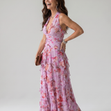 Robe Maxi Fleurie à Encolure Halter et Corsage Froncé