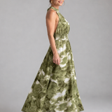 Robe Maxi Imprimée Abstraite à Taille Rassemblée