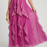 Robe Maxi à Col Montant et Volants Froncés