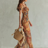 Robe Maxi Ruchée à Manches Volantes avec Fente