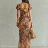 Robe Maxi Ruchée à Manches Volantes avec Fente