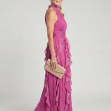 Robe Maxi à Col Montant et Volants Froncés