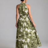 Robe Maxi Imprimée Abstraite à Taille Rassemblée