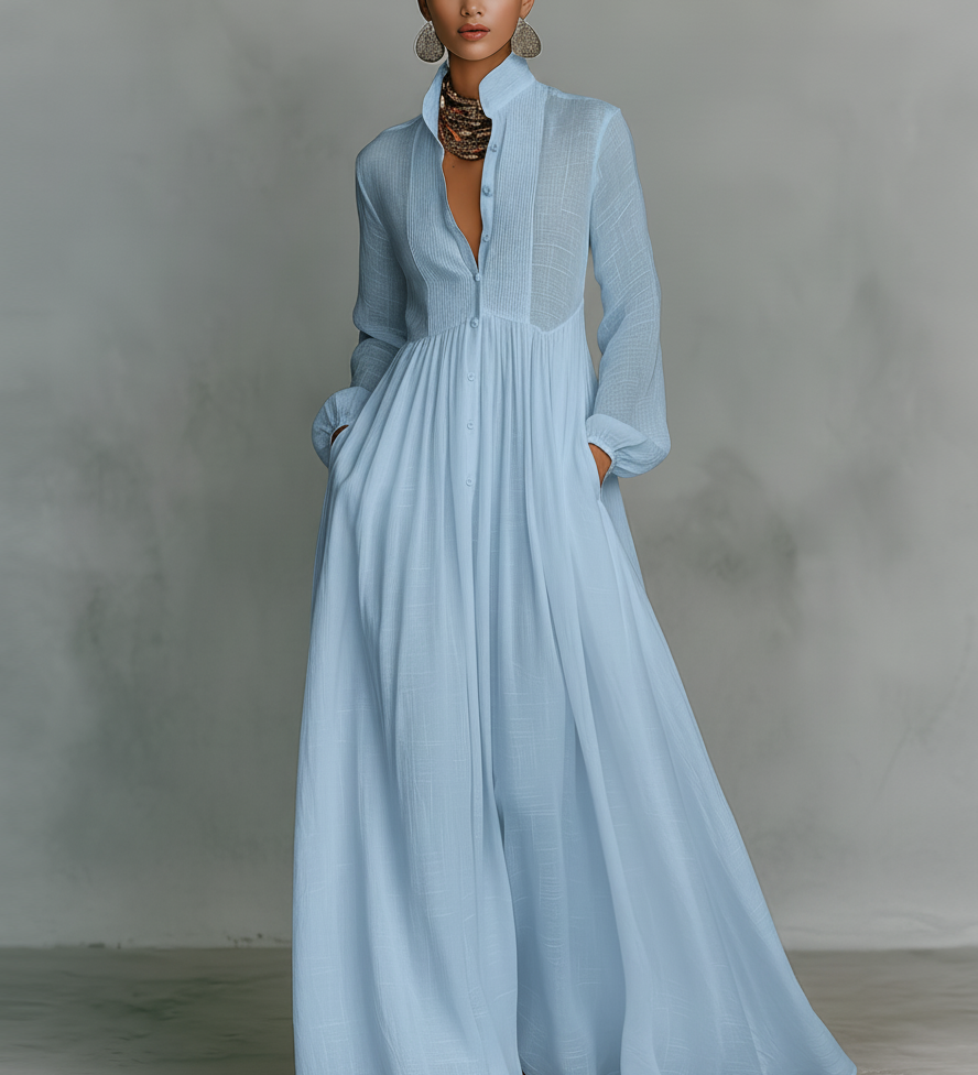 Patchwork | Robe Maxi en Lin à Col Montant