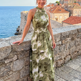 Robe Maxi Imprimée Abstraite à Taille Rassemblée