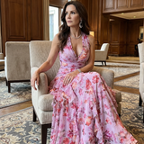 Robe Maxi Fleurie à Encolure Halter et Corsage Froncé