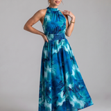 Robe Maxi Imprimée Abstraite à Taille Rassemblée