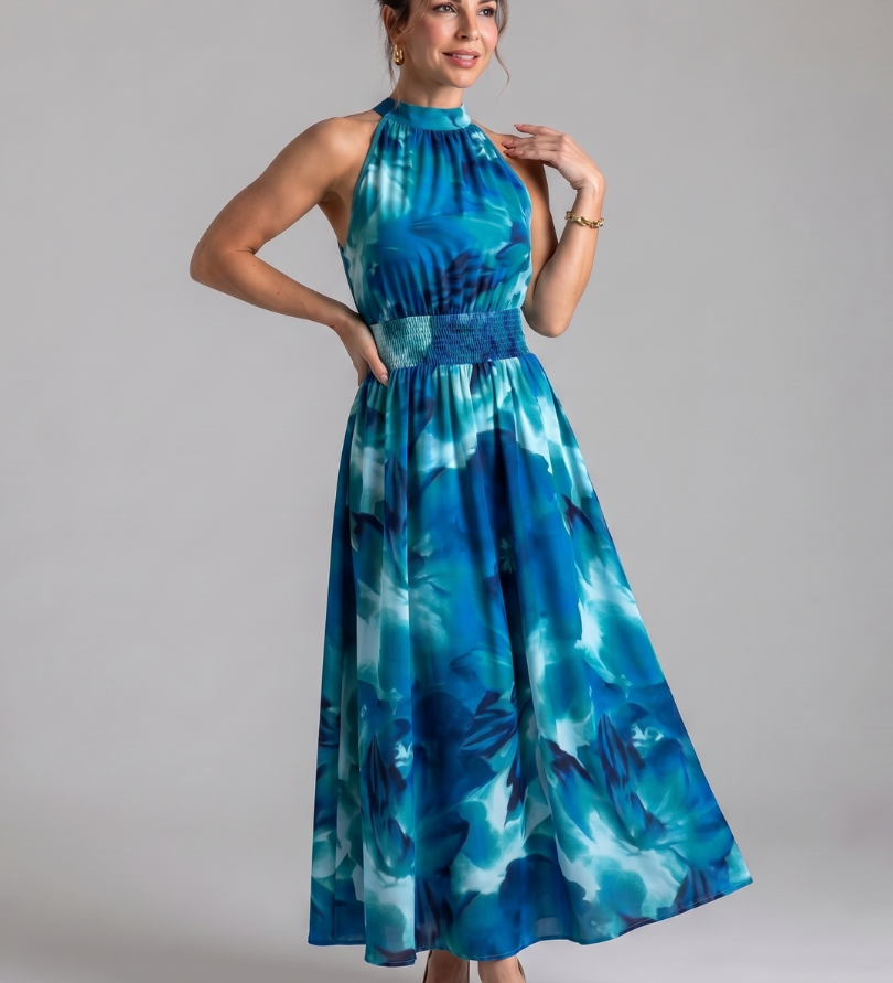 Robe Maxi Imprimée Abstraite à Taille Rassemblée