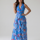 Robe Maxi Fleurie à Encolure Halter et Corsage Froncé
