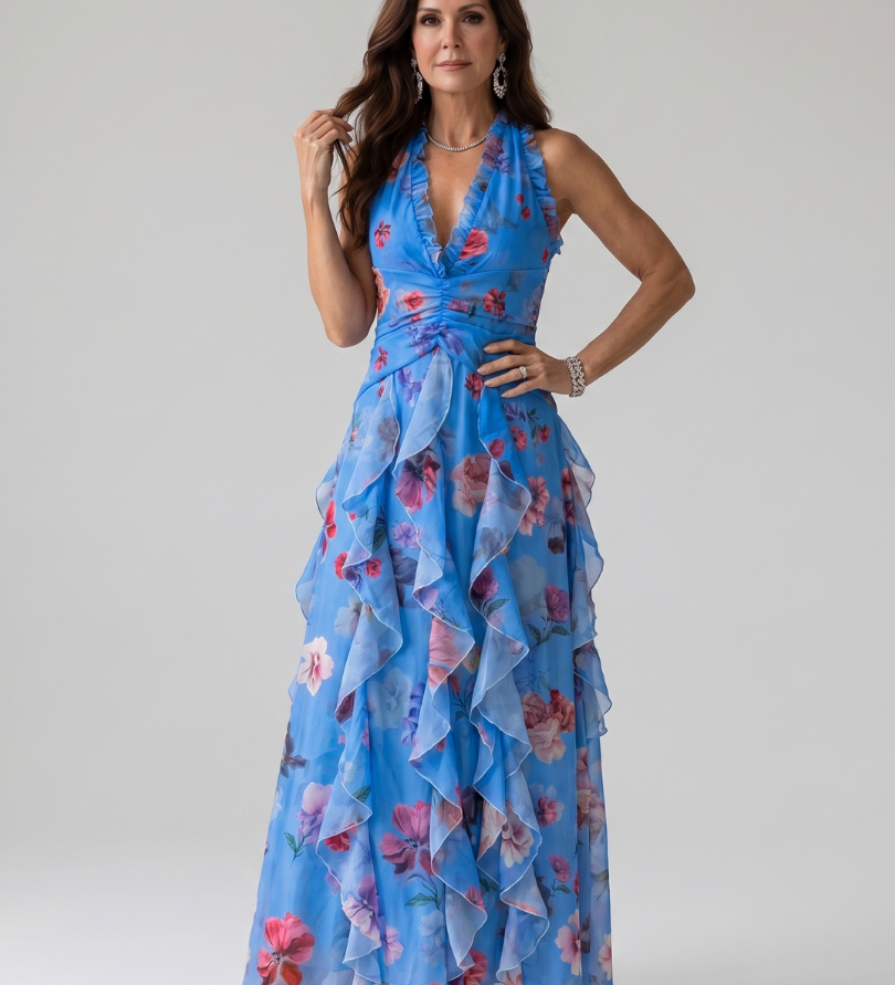 Robe Maxi Fleurie à Encolure Halter et Corsage Froncé
