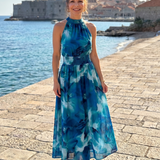 Robe Maxi Imprimée Abstraite à Taille Rassemblée