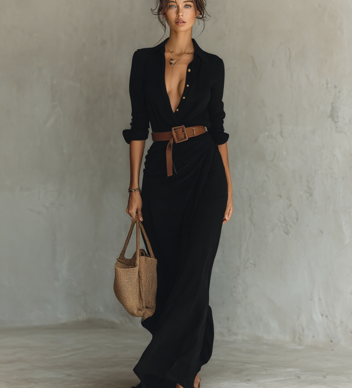 Robe Maxi | Col Revers et Manches Longues