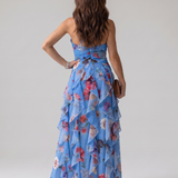 Robe Maxi Fleurie à Encolure Halter et Corsage Froncé
