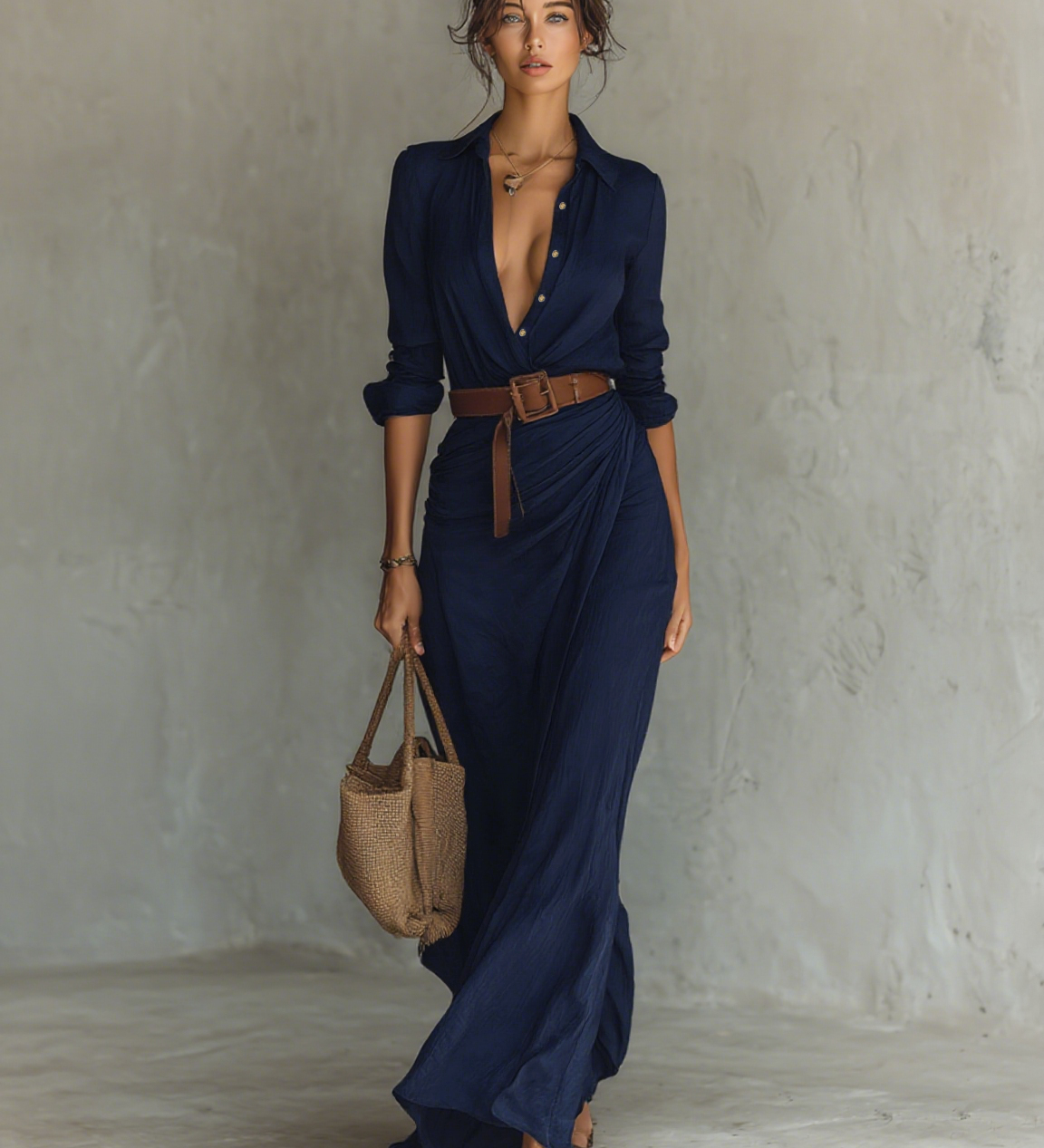 Robe Maxi | Col Revers et Manches Longues