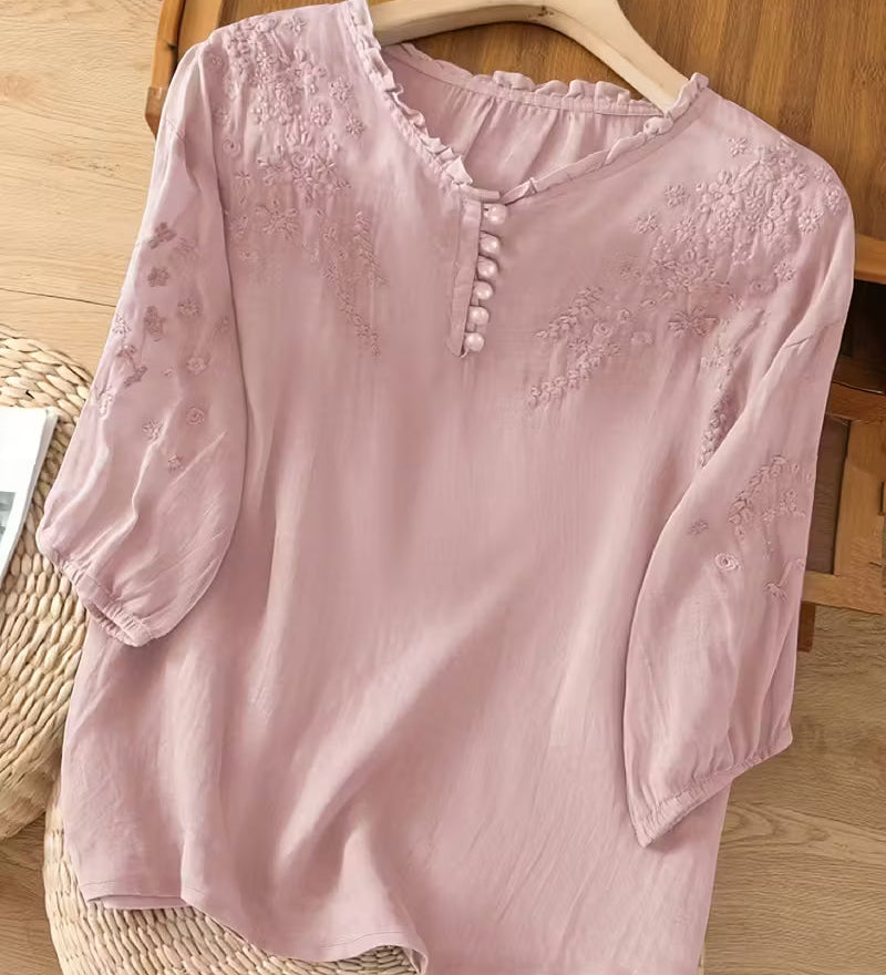 Éléna™ — Blouse brodée élégante en lin mélangé