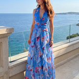 Robe Maxi Fleurie à Encolure Halter et Corsage Froncé