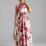 Robe Maxi Imprimée Abstraite à Taille Rassemblée