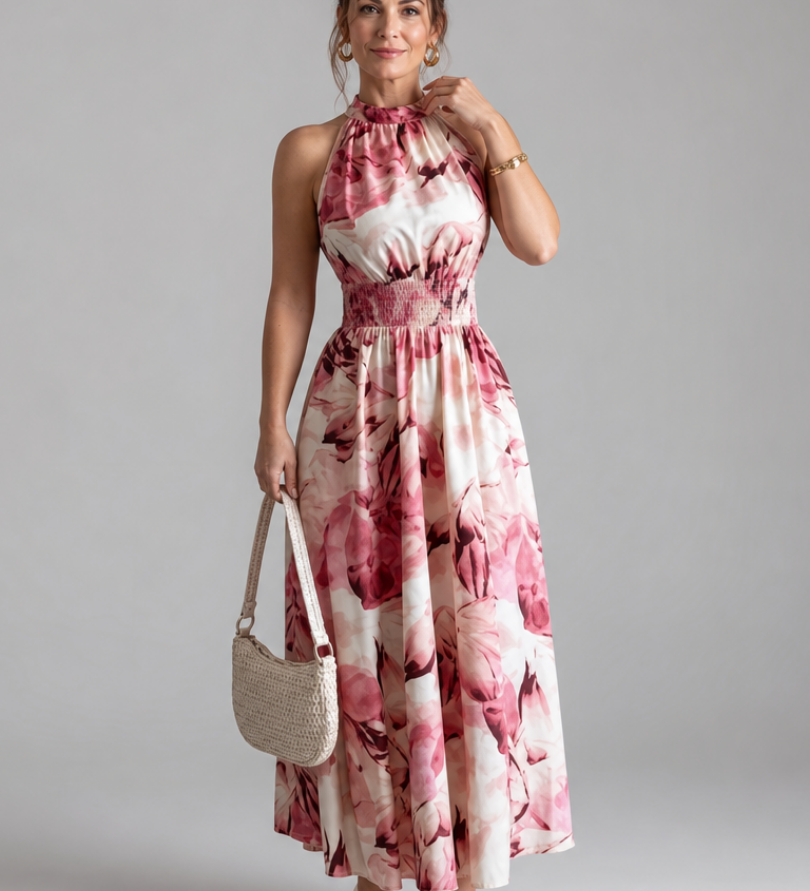 Robe Maxi Imprimée Abstraite à Taille Rassemblée