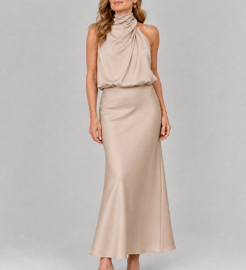 Robe Maxi Sans Manches à Col Drapé en Nopal