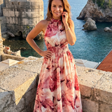 Robe Maxi Imprimée Abstraite à Taille Rassemblée