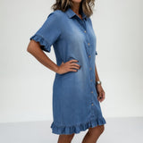 Fanette™ — Robe chemise denim effilochée charme décontracté