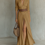 Robe Maxi | Lin Col Revers Manches Longues
