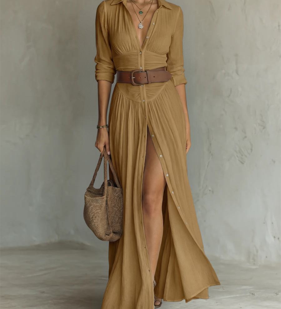 Robe Maxi | Lin Col Revers Manches Longues