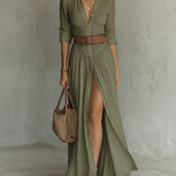 Robe Maxi | Lin Col Revers Manches Longues