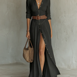 Robe Maxi | Lin Col Revers Manches Longues