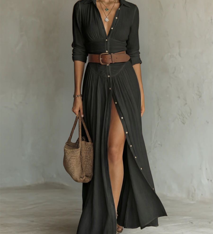 Robe Maxi | Lin Col Revers Manches Longues