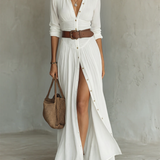 Robe Maxi | Lin Col Revers Manches Longues