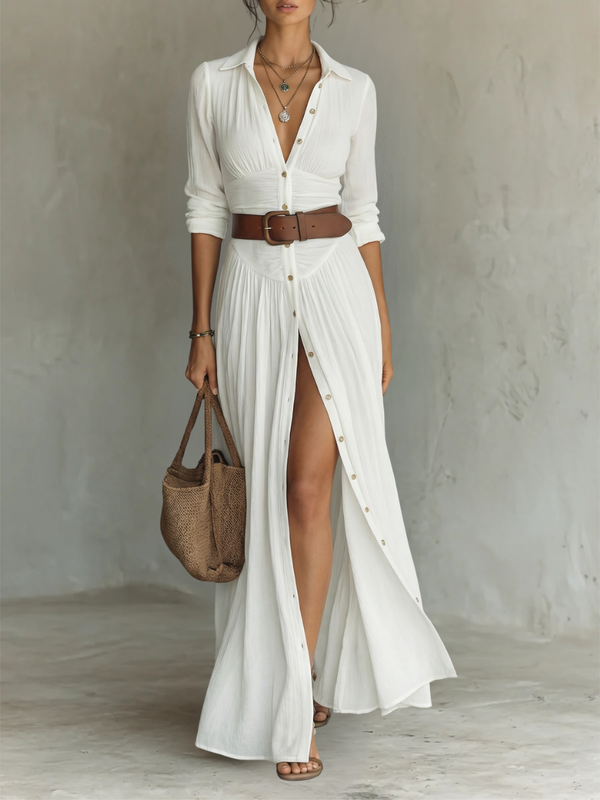 Robe Maxi | Lin Col Revers Manches Longues