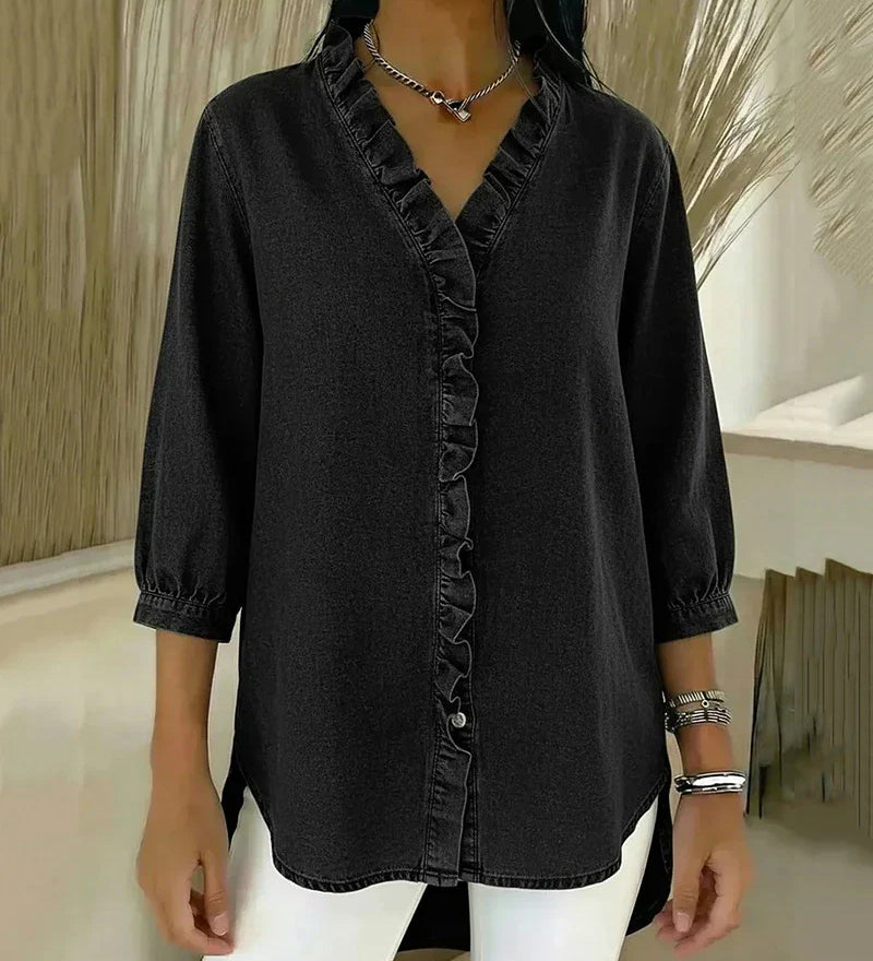Clémence™ — Blouse fluide col V volanté