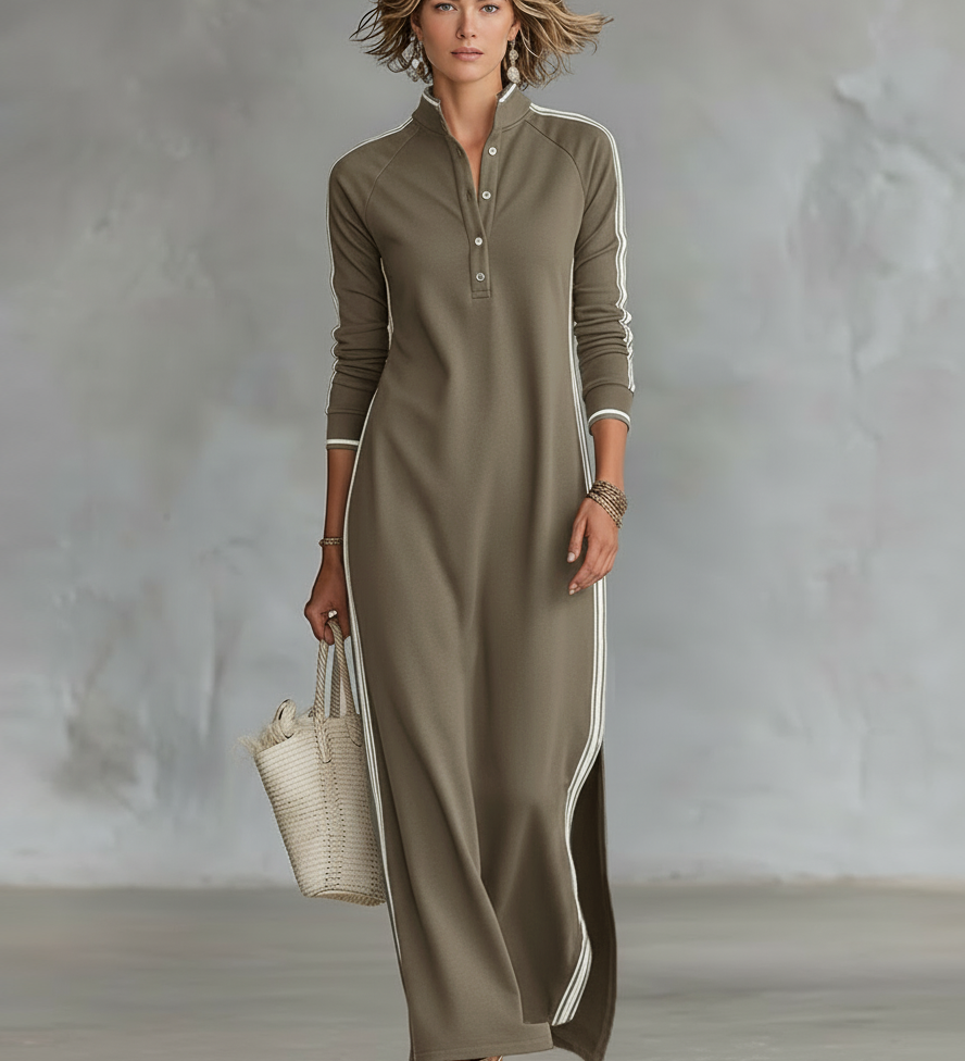 Mireille | Robe Maxi Sweat à Col Boutonné