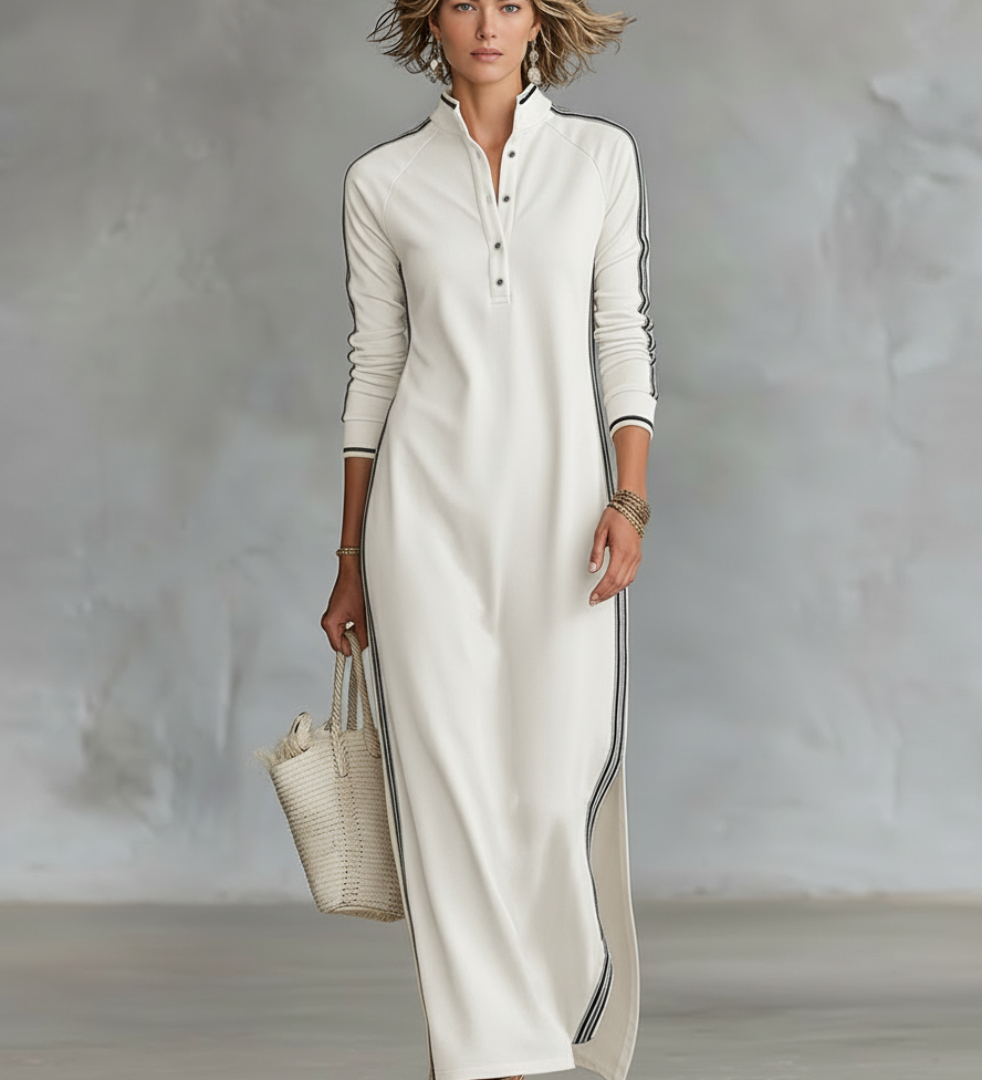 Mireille | Robe Maxi Sweat à Col Boutonné