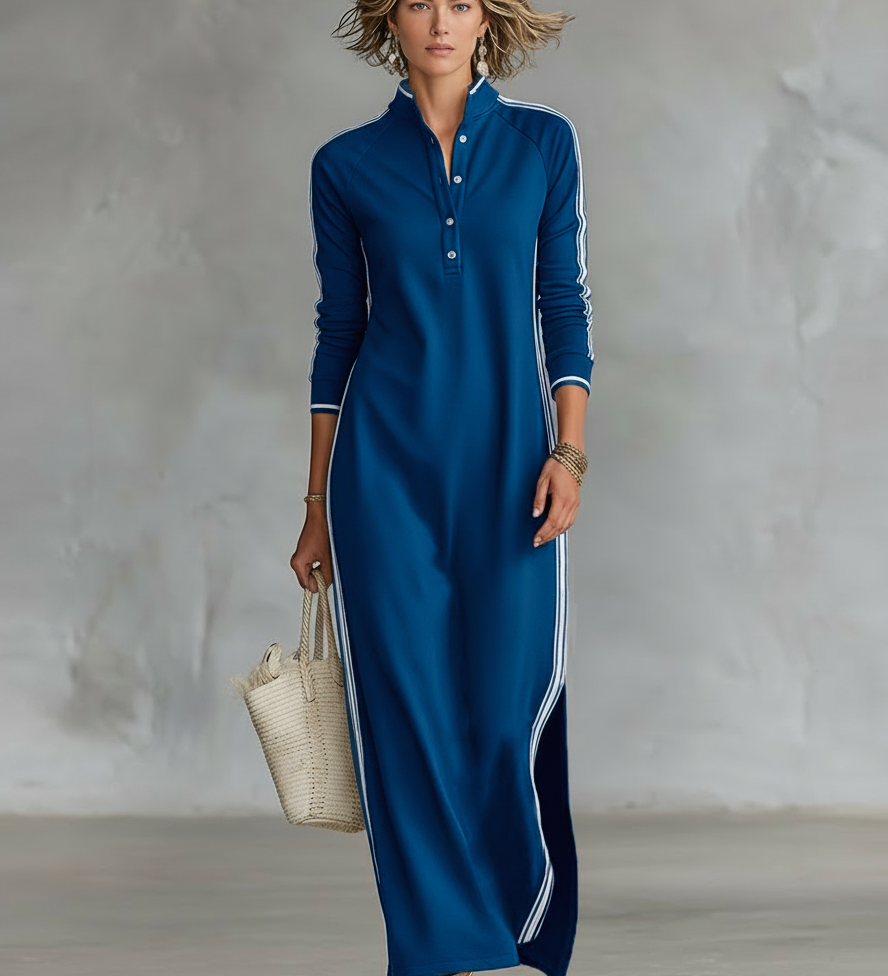 Mireille | Robe Maxi Sweat à Col Boutonné