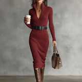 Mireille | Robe Midi Tricot V-Cou Ajustée