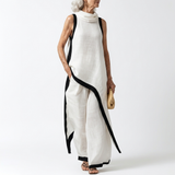 Angélique™ — Robe longue bicolore liseré contraste élégance minimaliste