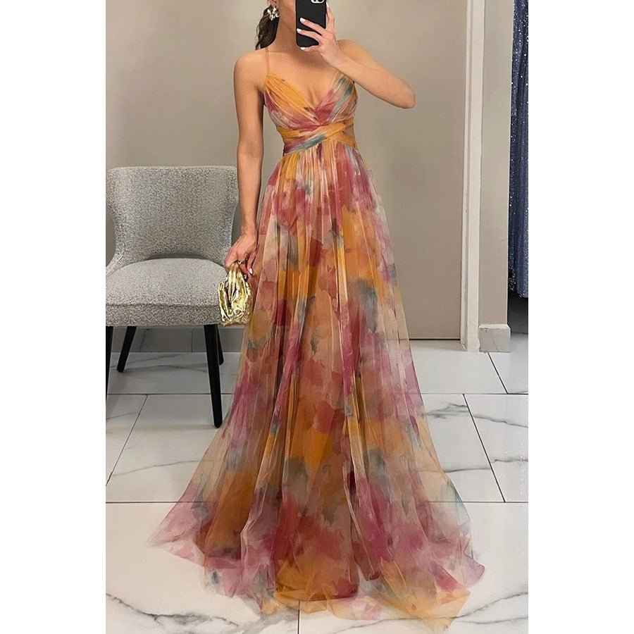 Amara | Robe Maxi Élégante en Chiffon Floral avec Décolleté Découpé