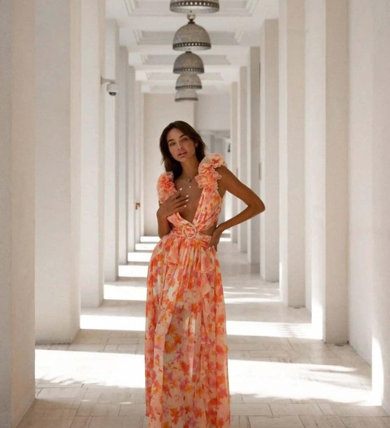 Amira | Robe Maxi Dos Nu à Motif Floral avec Volants et Découpes