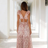 Amira | Robe Maxi Dos Nu à Motif Floral avec Volants et Découpes